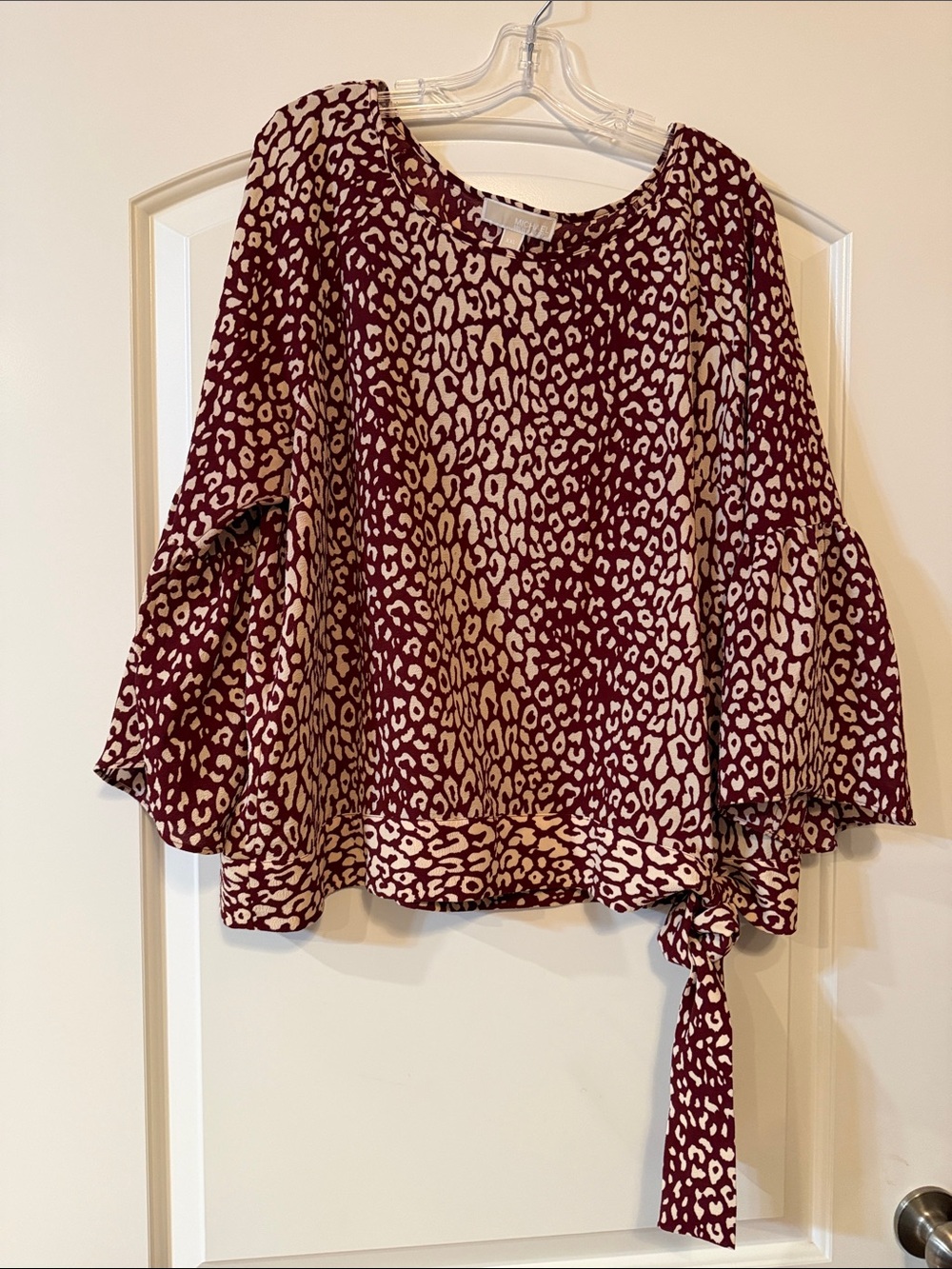 Michael Kors Burgundy and Cream Leopard-Print Tie-Side Blouse